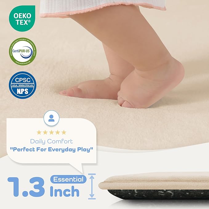 1.3" Thick Baby Bedside Floor Mat for Room, 28x72 Runner Rug, Beige | Memory Mat for Baby to Play on Floor Waterproof Easy Care with Non-Slip Tummy Time Play Mat for Nursery Playroom Classroom
