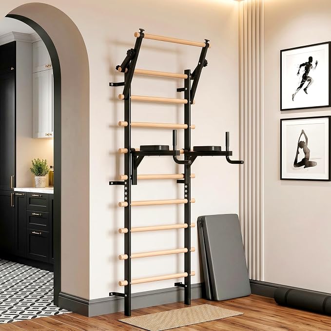 LIFERUN Swedish Ladder Wall Gym with Adjustable Pull-Up & Dip Bar | 92" Solid Beechwood, 264Lbs Capacity, Wall Mounted 9 Anchor Rods, Ideal for Home, School, Therapy & Gymnastics Training
