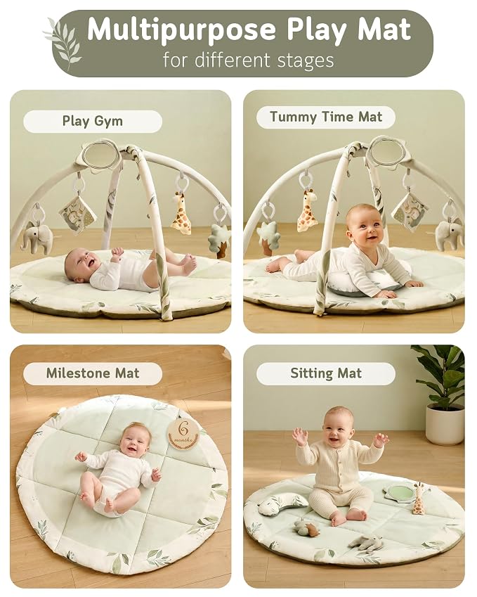 Baby Play Gym & Mat, Tummy Time Mat for Babies 0-12 Months, Green | Machine-Washable Foldable Activity Mat with 5 Detachable Toys; Certified Safe Newborn Essentials Gift for Baby Registry