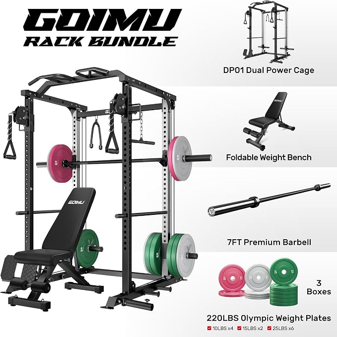 DP01 Power Cage, 2000LBS Squat Rack with Cable Crossover and Dual Independent Pulley System, Full Cage for Full Body Training, Power Rack with More Training Attachments for Home Gym