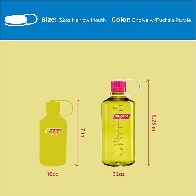 Nalgene 32 oz Narrow Mouth Water Bottle, Thrill & Motion, Endive w/Fuschia Purple