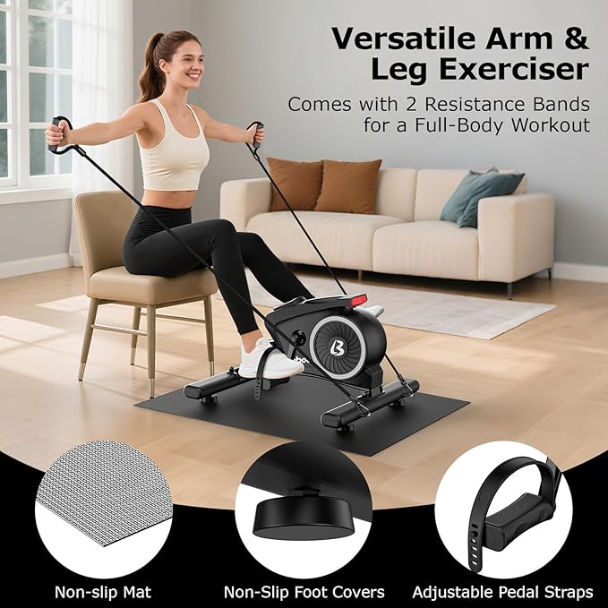 pooboo Under Desk Bike Pedal Exerciser with Magnetic Resistance | Mini Exercise Bike with 16 Resistance Levels, Arm And Leg Workouts, Resistance Bands And Non-Slip Mat for Home Office Therapy