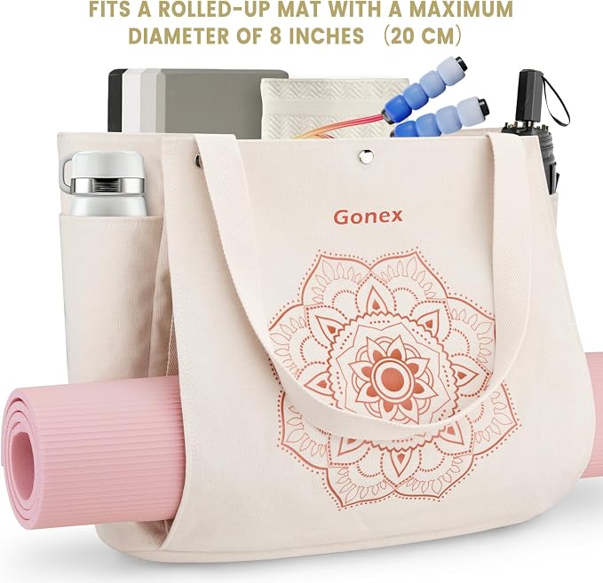 Gonex Yoga Mat Bag For Women Canvas Tote Pilates Gym Bag With Mat Carrier | Front-Opening Quick Access Mat Straps, Durable Cotton Canvas, Machine Washable, Bottle Holder Multi Pockets, Yoga Gym Travel