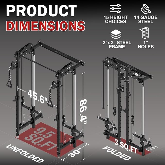 Mikolo Folding Squat Rack, Wall Mounted Power Rack with Cable Crossover Machine & LAT Pull Down, Functional Trainer with 5 Adjustable Function Modes, Home Gym Package