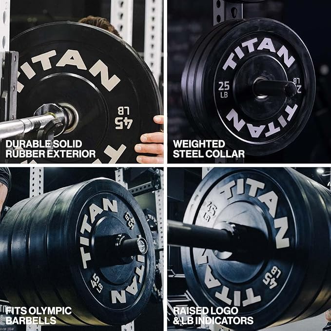 Titan Fitness Economy Series Black Olympic Bumper Plates, Durable Rubber Exterior with Steel Core, Weightlifting and Strength Training Weight Plate
