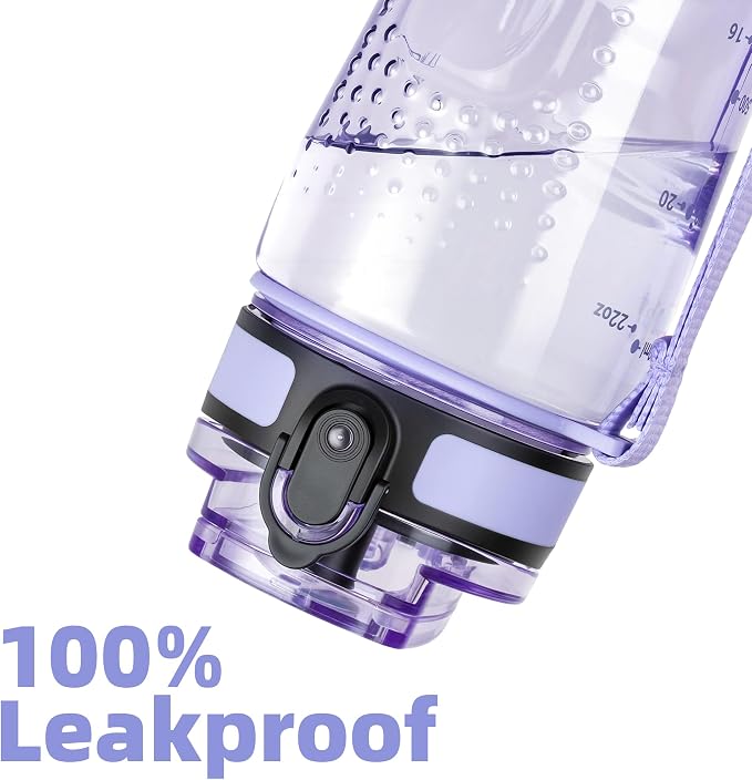 OLDLEY 25 oz Water Bottle, Motivational Water Bottle with Time Marker, Sports Water Bottle With Strap, Leakproof & BPA Free Large Water Bottles for School, Gym, Travel, Outdoor, Transparent Purple