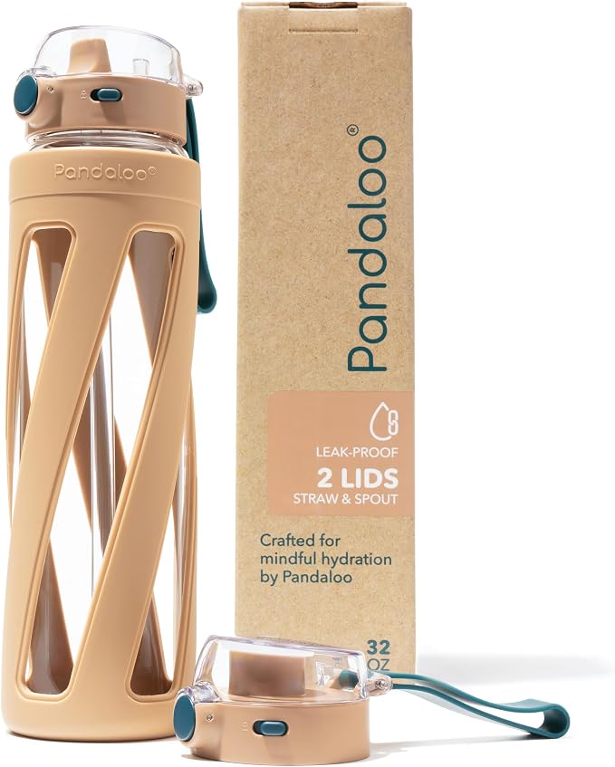 Pandaloo® Orbit 32 oz Glass Water Bottle with 2 Leak-Proof Lids (Straw & Spout), Wide PanMouth, Borosilicate Glass, BPA-Free, Cup Holder Friendly for Gym, Work, Travel & Daily Hydration– Amber Sand