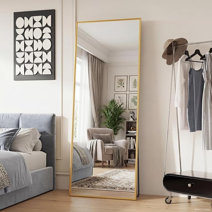 DUMOS Full Length Mirror with Stand 24"x65" Floor Standing Aluminum Frame for Bedroom Body Hanging Leaning Modern Simple Home Decor Shatter-proorf Nano Glass Wall Living Room Cloakroom, Gold