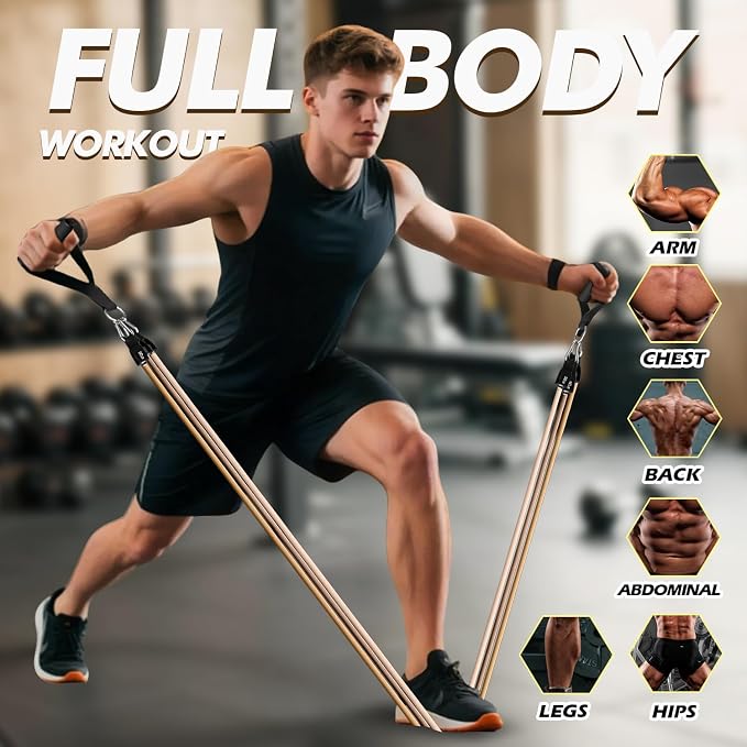 WHATAFIT Resistance Bands with Handles, 5-Level Exercise Bands for Workout | Natural latex,10-50 lbs, stackable to 150,Ankle Straps, Door Anchor,Guide. For Strength, Yoga,Home Gym,Travel & Workout.