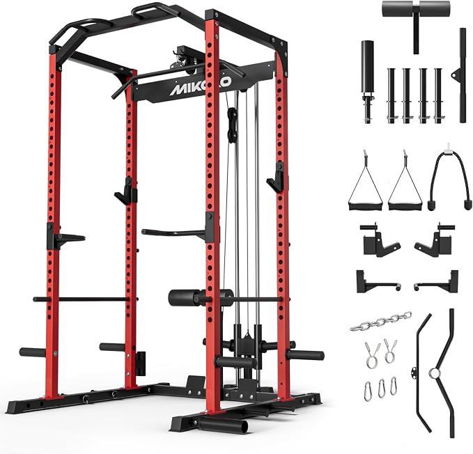 Mikolo F4 2.0 Power Cage with Dual-Track Smooth Pulley System, 1200LBS Power Rack with Leg Hold-Down for Heavy LAT Pulldowns