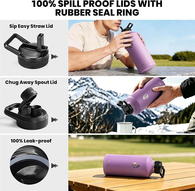 RAYMYLO Insulated Water Bottle 87 oz, Triple Wall Vacuum Stainless Steel | Cold for 48 Hrs), Leak Proof & Non-BPA, Modern Water Flask Jug with Paracord Handle & Straw Spout Lids, Light Purple