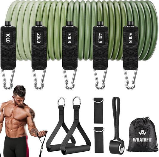 WHATAFIT Resistance Bands with Handles, 5-Level Exercise Bands for Workout | Natural latex,10-50 lbs, stackable to 150,Ankle Straps, Door Anchor,Guide. For Strength, Yoga,Home Gym,Travel & Workout.