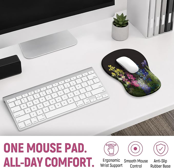 Ergonomic Mouse Pad with Wrist Rest, Gel Wrist Support, Bloom | 10.2 x 7.6 in Mouse Pad with Smooth Fabric Surface and Non-Slip Rubber Base for Office, Home, Study, and Gaming