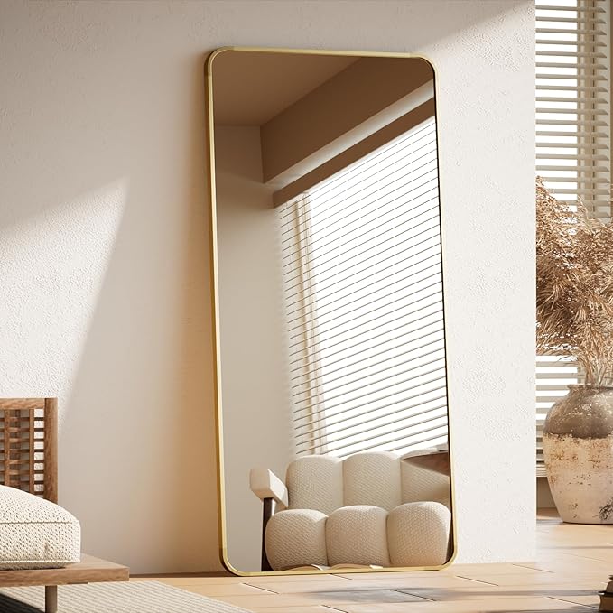 BEAUTYPEAK 71" x 32" Rounded Corner Full Length Mirror with Stand, Gold | Aluminum Alloy Frame with Standing, Leaning, or Wall-Mounted, Ideal for Bedroom, Dressing Room, Entryway, and Living Room