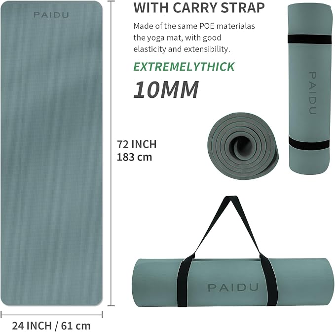 PAIDU POE Yoga Mat （10mm）Extra Thick Fitness Mat 72"x24" with Carry Strap | Non-slip, tear-resistant and suitable for all ages, perfect for yoga, Pilates, home gym and full-body workouts.
