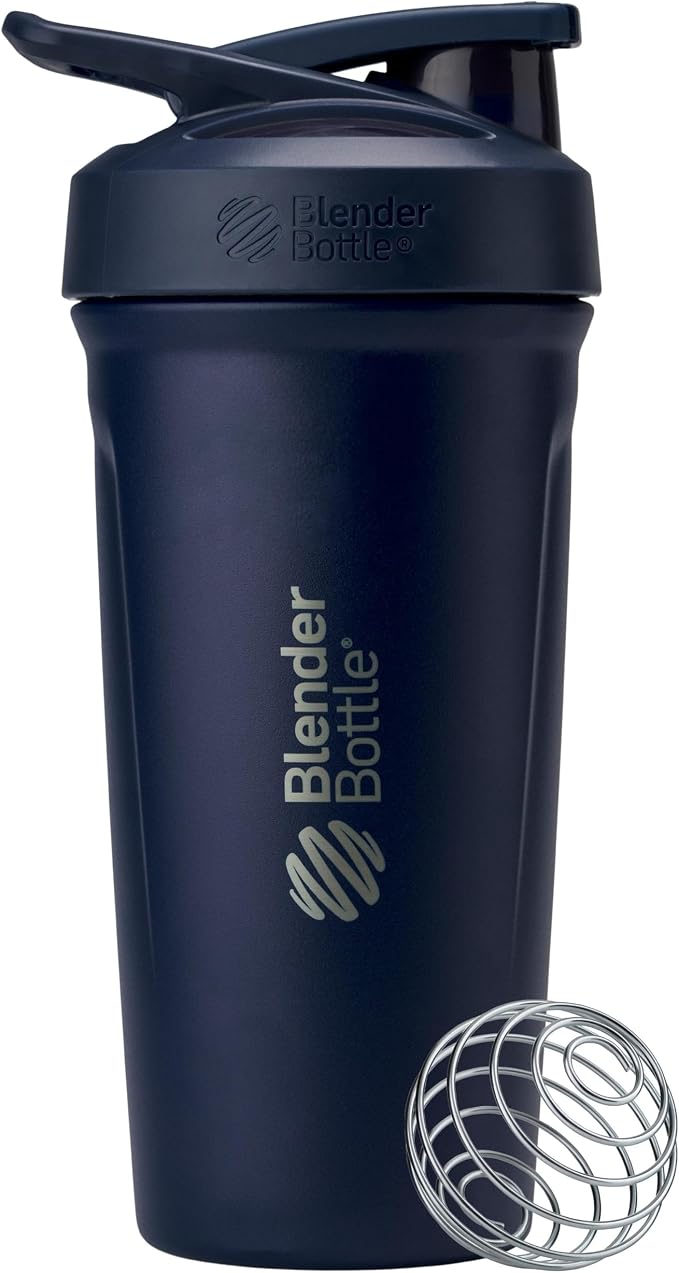 BlenderBottle Strada Shaker Cup Insulated Stainless Steel Water Bottle with Wire Whisk, 24-Ounce, Navy