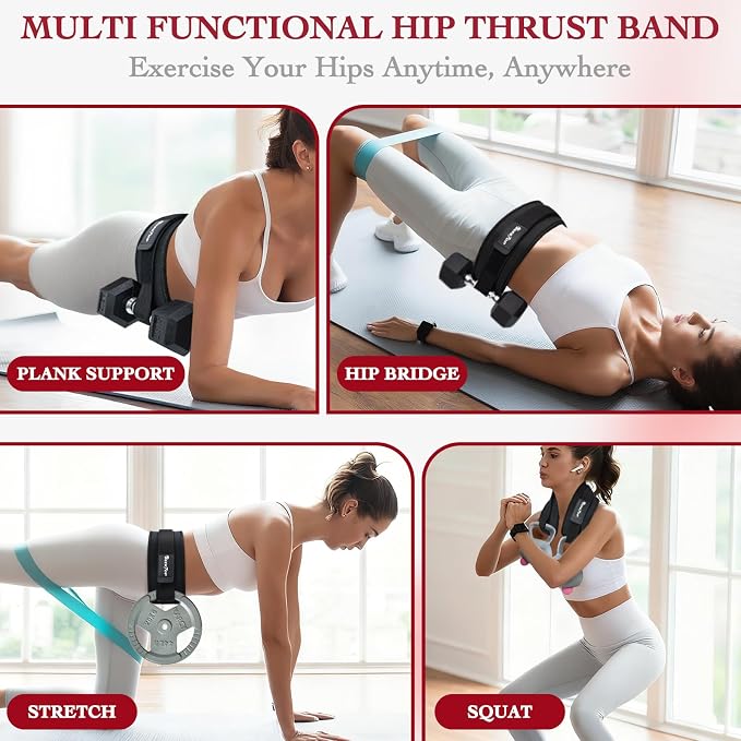 Seektop Adjustable Hip Thrust Belt, Anti-Slip Padding Booty Belt for Glutes | Fits Dumbbells Kettlebells Plates, Up to 400 LBS, Padded Strap, Easy Setup, Foldable for Gym Home & On-The-Go Workouts