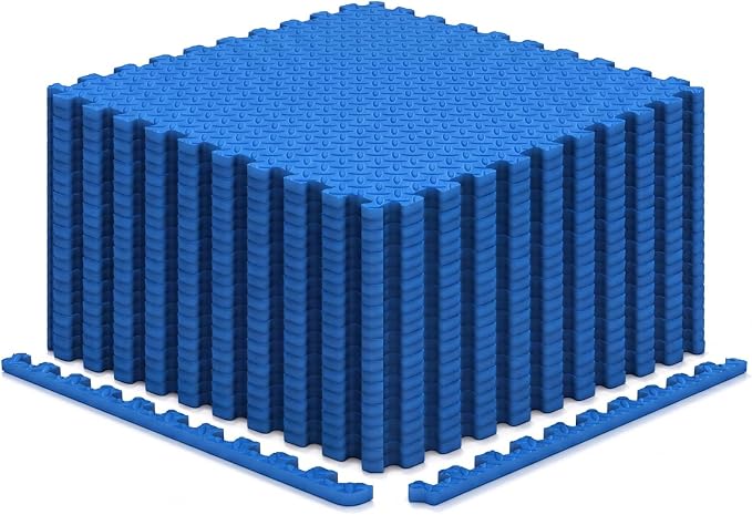 Tangkula 24 Tiles Exercise Flooring Mats with Border, Non-Slip EVA Foam Protective Mats, Elastic Puzzle Play Mats, 1/2" Interlocking Floor Mats for Home Gym, Fitness Room (Blue)
