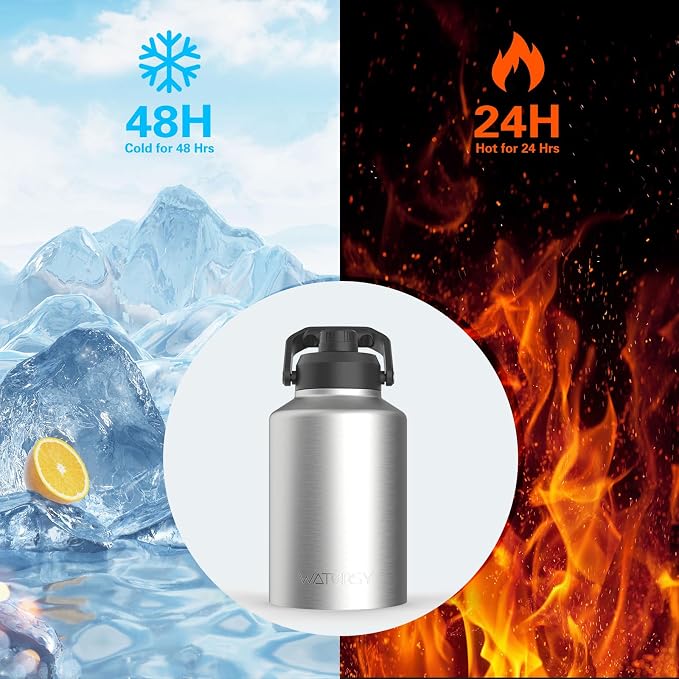 WATERSY Half Gallon Water Bottle Insulated(Cold for 48 Hrs),BPA Free&Leak Proof,64oz Stainless Steel Water Jug/Flask,Big thermo,Large Water Bottle with Handle for Gym,Hiking,Camping,Stainless