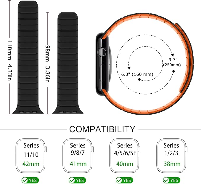 Tasikar Magnetic Bands Compatible with Apple Watch 42mm(Series 11/Series 10) 41mm 40mm 38mm Soft Silicone Replacement Loop Wristband for iWatch SE Series 11 10 9 8 7 6 5 4 3, Black-Orange