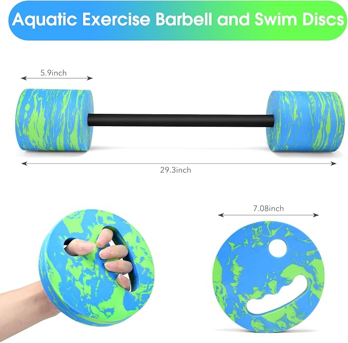 29.3’’Aquatic Exercise Equipment Swim Barbell High Density EVA Foam Pool Swim Dumbbell with Water Exercise Discs Aquatic Fitness Equipment for Adults