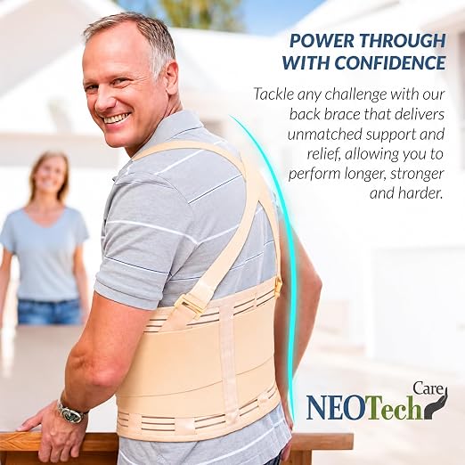 NeoTech Care Back Brace with Suspenders for Work - Industrial Lifting Safety, Elastic Compression, Hook & Loop Closure (Beige, Size S)