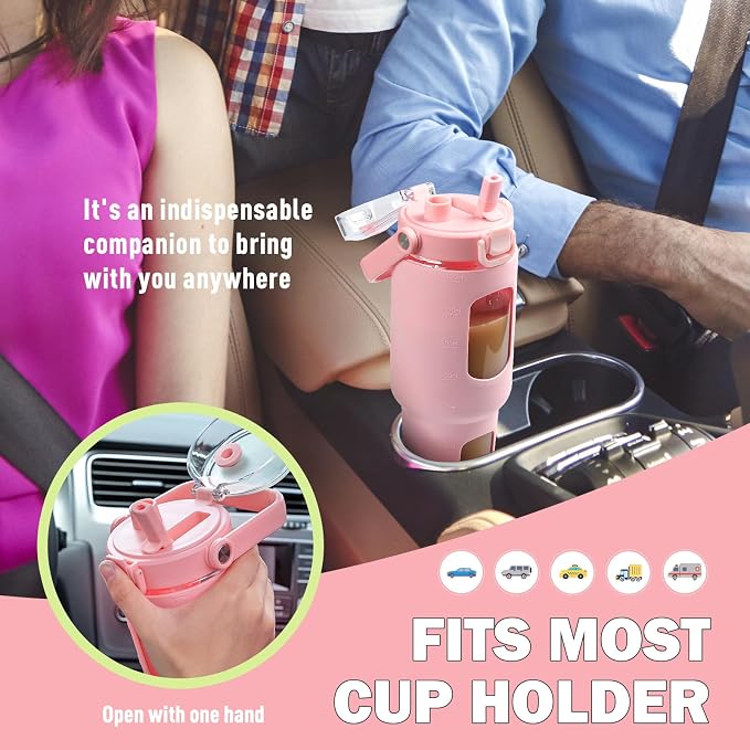 BLUEGO 40 oz Glass Water Bottles with Straw Time Marker, Glass Tumbler with Handle Top Lids, Easy to Clean, Fits in Car Cup Holder, Leakproof Jug for Gym, Sports, Workout & Daily, Pink