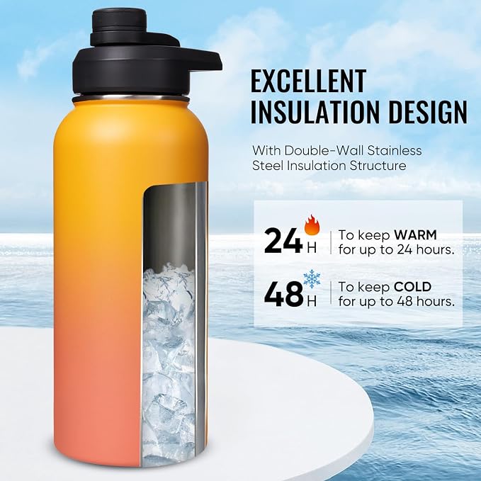 Fijinhom Insulated Water Bottle with Handle, 304 Stainless Steel Water Bottles with Wide Mouth, Double Wall Vacuum Sports Water Bottle, BPA Free, Keep Cold and Hot, 32 Ounces Yellow&Orange