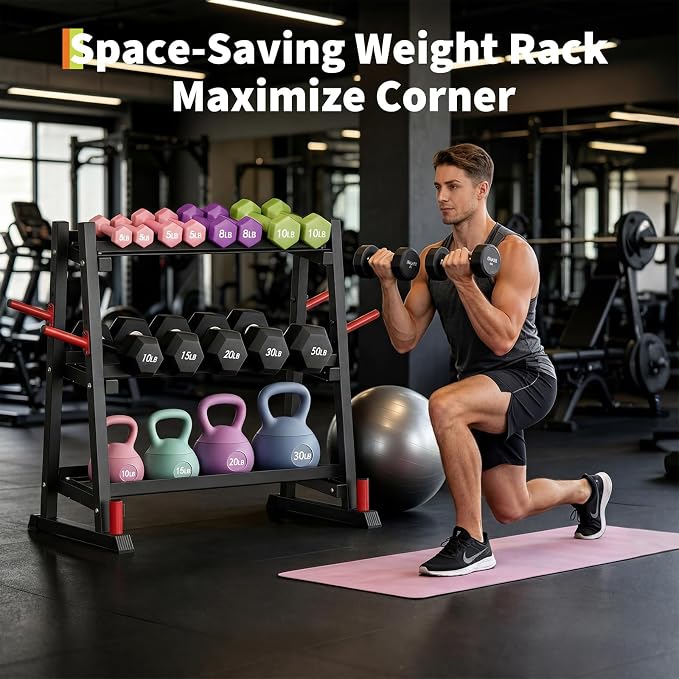 3-Tiers Dumbbell Rack, 1300LB Capacity Adjustable Weight Rack for Home Gym, H-Frame & Trapezoidal-Frame Weight Stand for Dumbells, Kettlebells, Barbells, Weight Plates