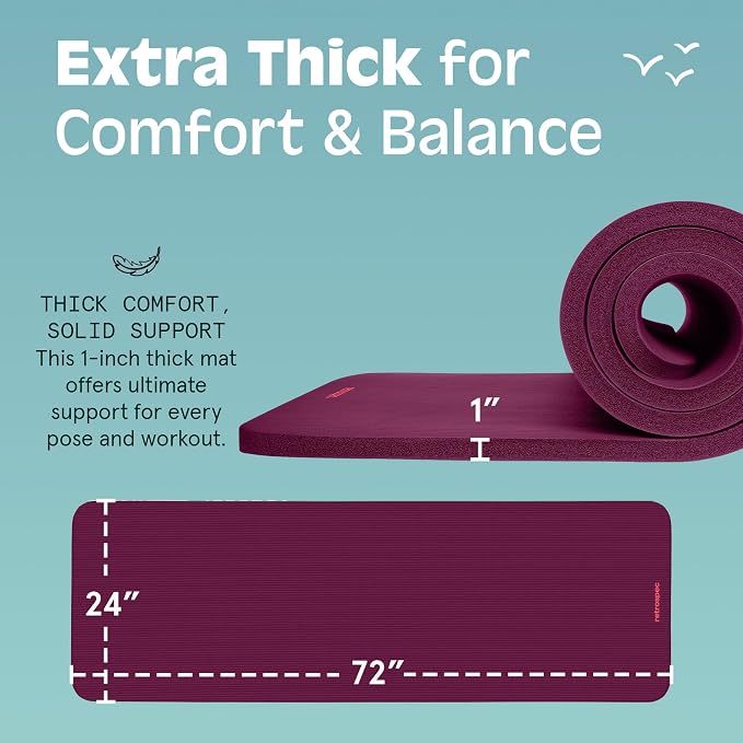 Retrospec Solana Yoga Mat 1" Thick w/Nylon Strap for Men & Women - Non Slip Exercise Mat for Home Yoga, Pilates, Stretching, Floor & Fitness Workouts