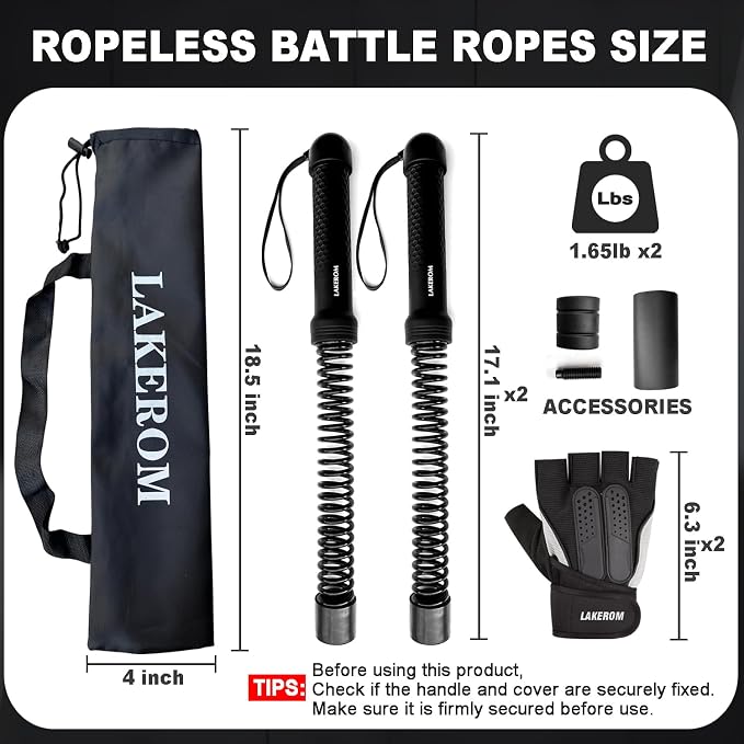 Ropeless Battle Ropes (2-in-1) Elatic Fitness Bar,Cordless Battle Ropes Sticks with Exercise Guide,Portable Home Gym Equipment for HIIT,Strength Low-Impact Workouts for Men & Women Black