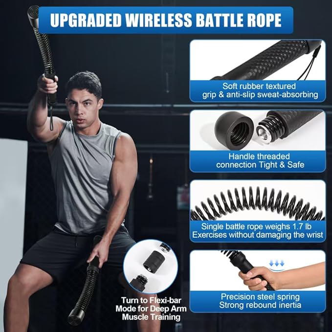 Weighted Ropeless Battle Rope, Cordless Battle Ropes for Home Gym, Workout Rope for Strength Building, Low-Impact HIIT Cardio for Men and Women, Can Be Assembled into a Fitness Stick
