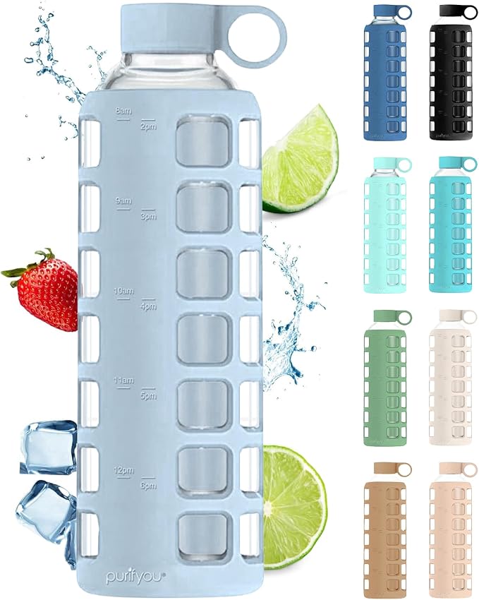 purifyou 40oz / 32oz / 22oz / 12oz Borosilicate Glass Water Bottle with Time & Volume Markers, Silicone Sleeve, Stainless Steel Lid | Reusable Glass Bottle for Water & Juice (32oz Ice Blue)