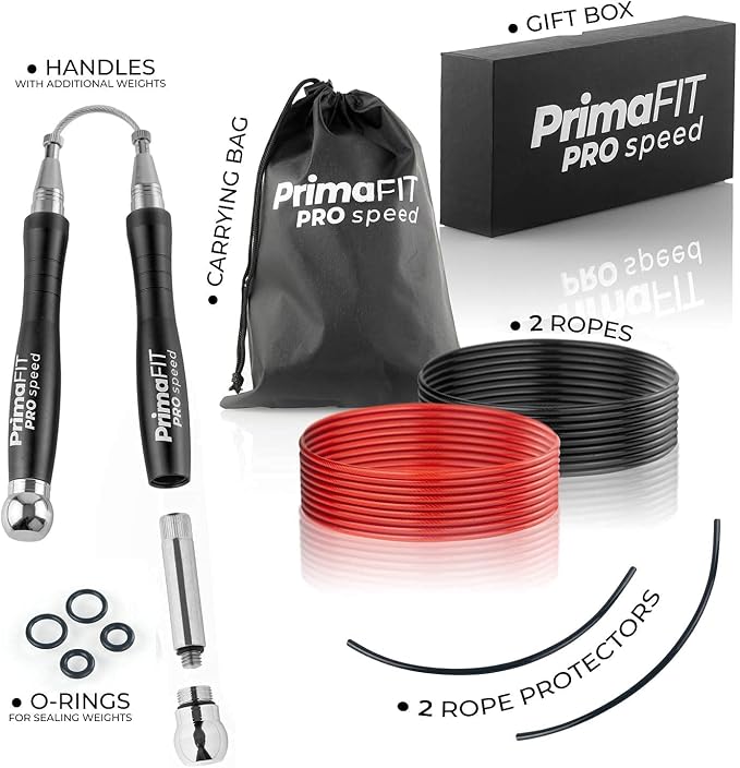 PrimaFIT Pro Speed Jump Rope for Adults, Weighted Skipping Rope for Boxing | Adjustable Jumping Rope for Fitness Workout & CrossFit Exercise, Double Unders, Handle Weights, 3m Cables 2 Protectors, Bag
