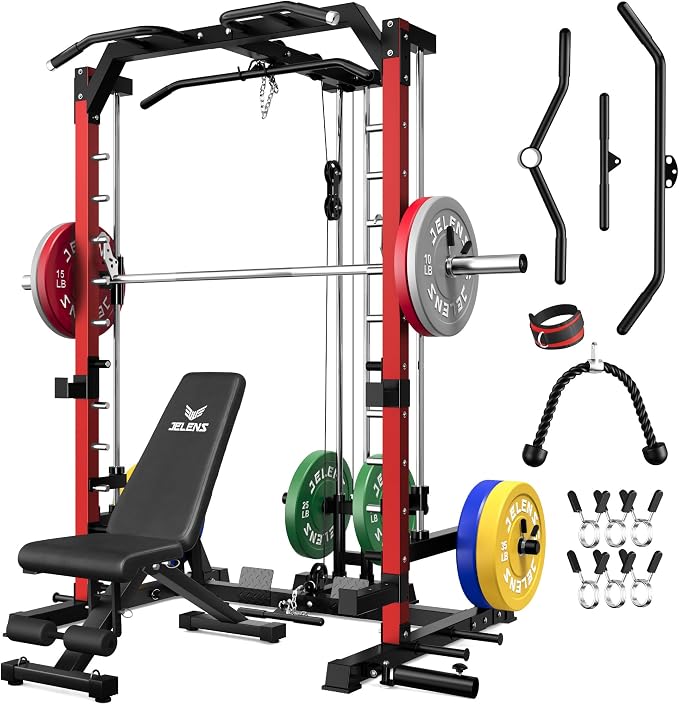 SR01 Smith Machine, 2000LBS Multi-Function Power Cage with LAT Pulldown System, All-in-One Home Gym Squat Rack with Smith Bar and Training Attachments for Full Body Workouts
