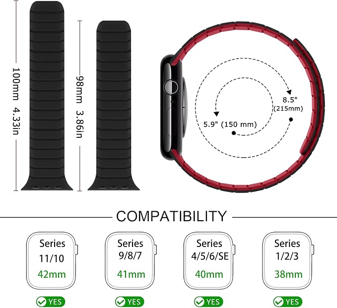 Tasikar Magnetic Bands Compatible with Apple Watch 42mm(Series 11/Series 10) 41mm 40mm 38mm Soft Silicone Replacement Loop Wristband for iWatch SE Series 11 10 9 8 7 6 5 4 3, Black-Red