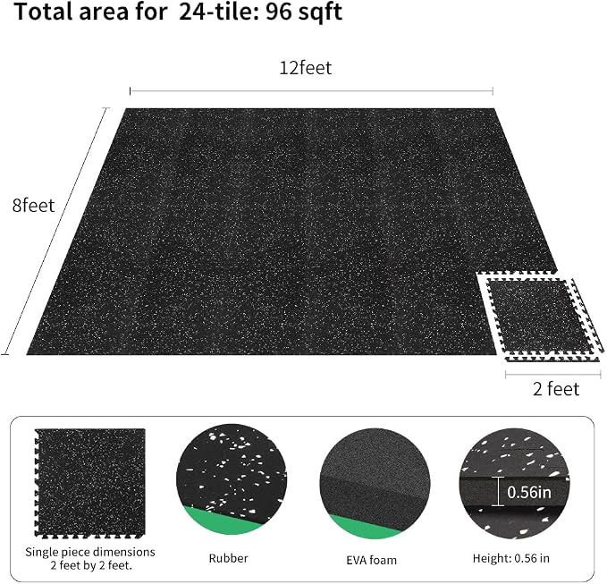 0.56in Thick 96 Sq Ft Gym Flooring for Home Gym, 24 Tiles Workout Exercise Equipment Mats, Rubber Top with EVA Foam, Interlocking Puzzle Floor Tiles for Fitness Room, Protective Flooring Mat