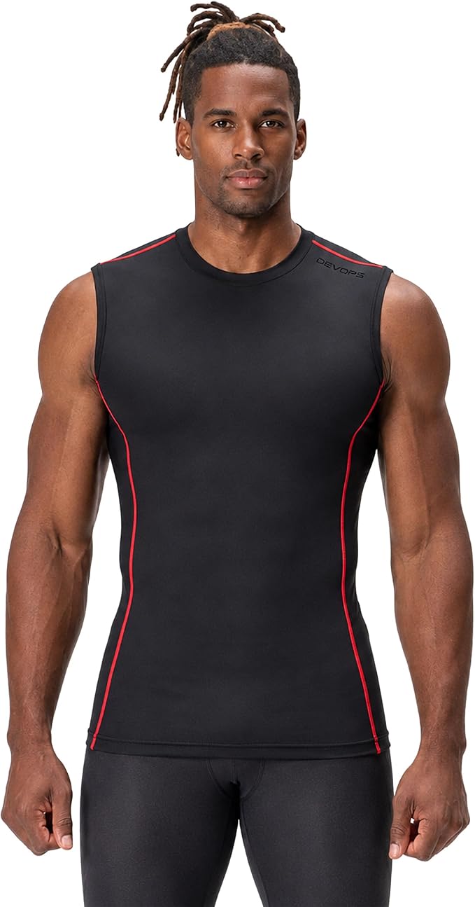 DEVOPS 3 Pack Men's Compression Shirts Sleeveless Tank Top Baselayer | Gym Training, Running, Moisture Wicking, Compression Fit, 4-Way Stretch, UPF 50+, Sleeveless