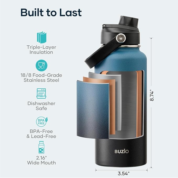 BUZIO Insulated Stainless Steel Water Bottle 32 oz with Straw & Spout Lids | Triple Wall Insulated Tumbler (Dishwasher Safe) ,Cold for 48 Hrs/Hot for 24 Hrs, Leakproof, BPA-free, for Sports, Gym, School