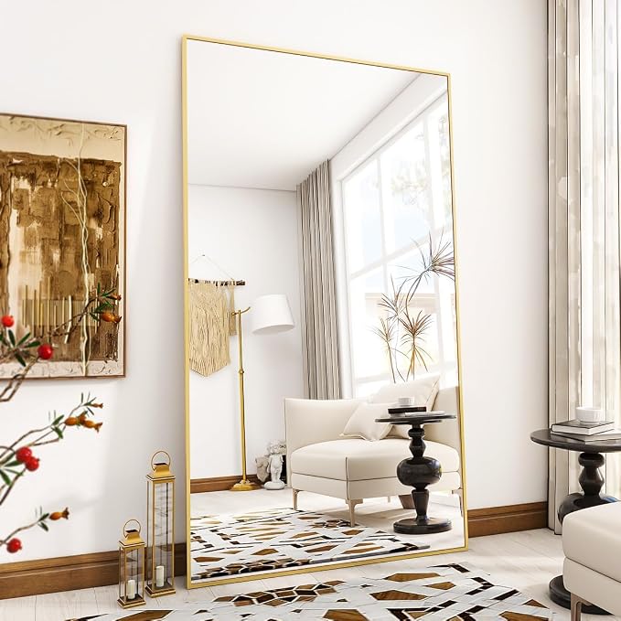 VooBang Large Full Length Mirror 78" x 35" - Shatterproof Gold | Huge Floor Full Body Dressing Mirror with Metal Frame, Freestanding, Wall Mounted, or Leaning for Bedroom, Living Room