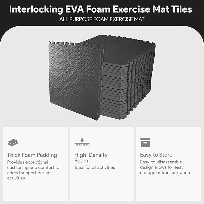 BalanceFrom Puzzle Exercise Mat 3/4" Thick, EVA Interlocking Foam Floor Tiles for Home Gym, Mat for Home Workout Equipment, Floor Padding for Kids, Black, 24 in x 24 in x 3/4 in, 96 Sq Ft - 24 Tiles | Tiles for Home Gym, Studio, or Playroom Flooring, B...