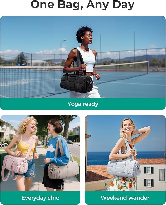 BAGSMART Reiki Gym Bag for Women Puffy Yoga Mat Travel Weekender Duffle Bag | Lint-Resistant Lining, Wet-Dry Pocket & Anti-Slip Mat Loop, Ultra-Light, Roomy for Workout Gear, Water Bottle, Travel, Sports
