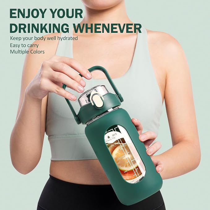42oz Glass Water Bottles with Straw, Motivational Glass Bottle with Silicone Sleeve and Time Marker, Leakproof Large Glass Water Jug for Gym Home Office, Ink green