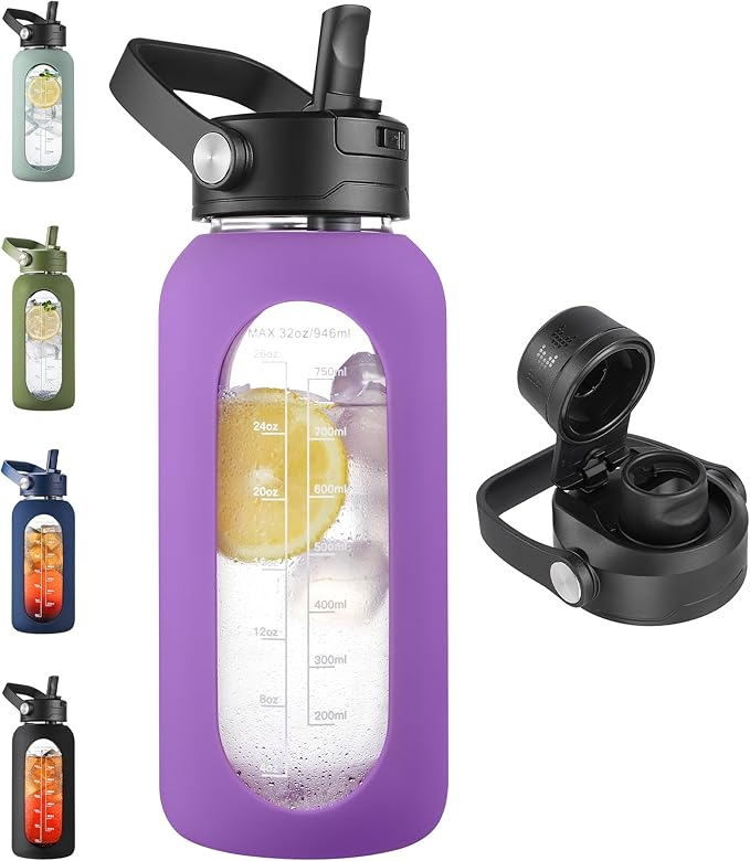 CIVAGO 32 oz Glass Water Bottle with Detachable Straw and Time Maker | Motivational Large Flask Cup with Handle, Leakproof Lids, Wide Mouth, Silicone Sleeve, Tumbler for Juice, Lilac
