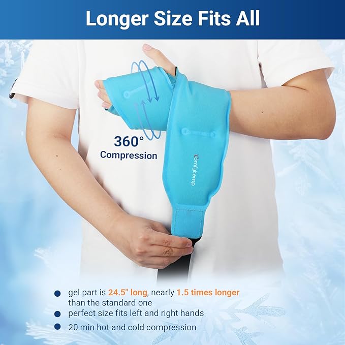 Comfytemp 24.5" Extra Long Wrist Ice Pack Wrap for Carpal Tunnel Relief | FSA Eligible HSA, Reusable Gel Wrist Brace Hot Cold Compress for Hand Forearm Pain, Arthritis, Computer Overuse Injuries