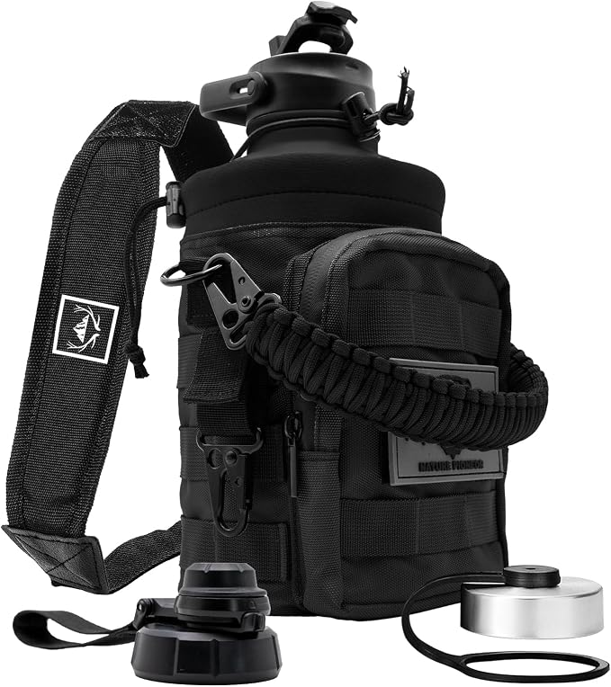 NATURE PIONEOR 64 oz Tactical Water Bottle with MOLLE Bottle Pouch & 3 Lids | 18/8 Food-grade Stainless Steel, Double Vacuum Insulation, 3 Leak-proof Lids, Handle, Strap, Camping, Hiking, Gym, Work