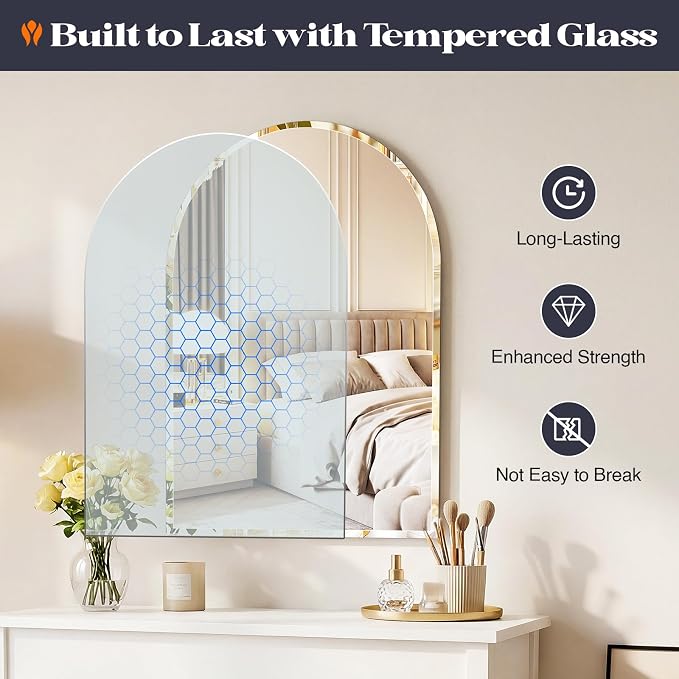Frameless Bathroom Mirror, 24"x36" Arched Beveled Vanity Mirrors | Arch Wall Mounted Tempered Glass Mirror, Bathroom Mirrors for Over Sink, Hallway, Living Room, Bedroom