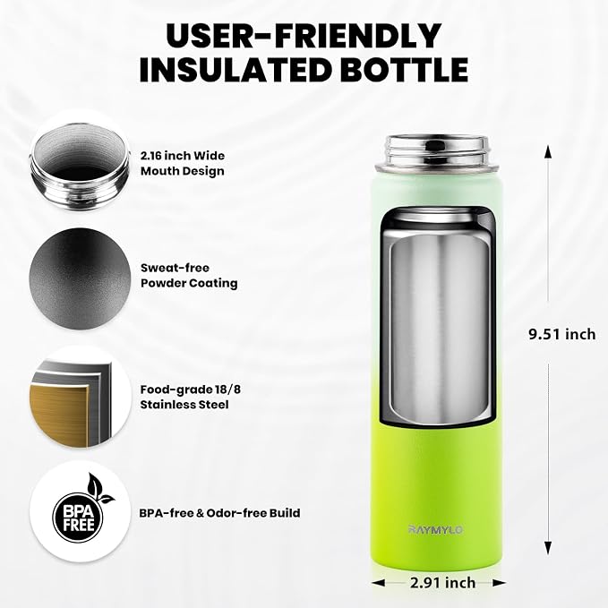 RAYMYLO Insulated Water Bottle 20 oz, Triple Wall Vacuum Stainless Steel | (Cold for 24Hrs, Hot for 12Hrs), Leak Proof & Non-BPA, Modern Water Bottle Jug for School with Straw Spout Lids