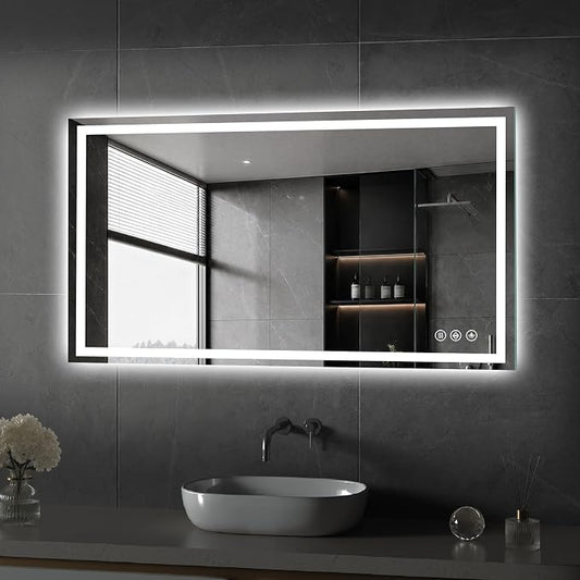 Koonmi 48x24 LED Bathroom Mirror with Light, Anti-Fog, 3 Colors | Backlit + Front Lit, Dimmable Brightness, Shatterproof HD Distortion-Free Tempered Glass, Hardware Included