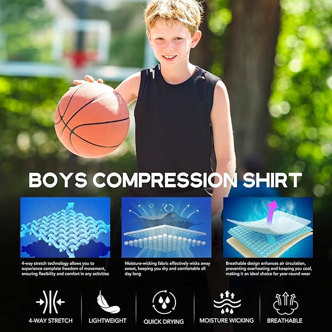 Youth Boys Sleeveless Compression Shirt Basketball Football Undershirt Quick Dry Kids Athletic Tank Tops for Workout